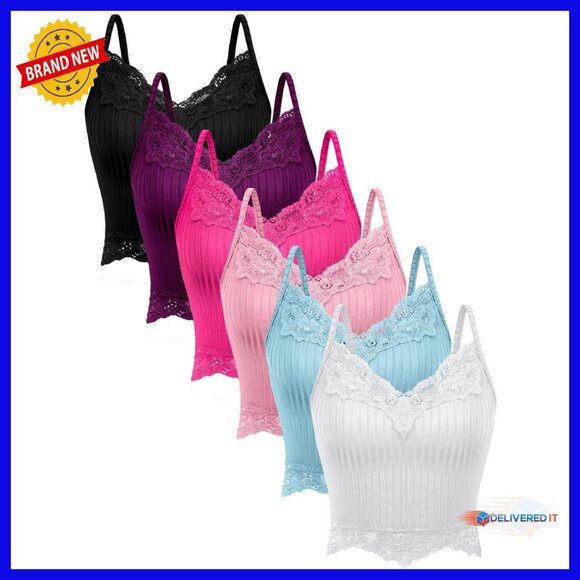 Fairy Grunge Y2K Ribbed Crop Tops Lace Patchwork Cami Tank Tops 6-Pack